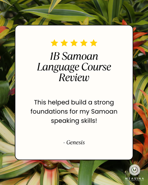 A white rectangular review card with black text reading '1B Samoan Language Course Review' and a testimonial quote, set against a background of green and orange tropical leaves. A small Measina logo appears in the bottom right corner.