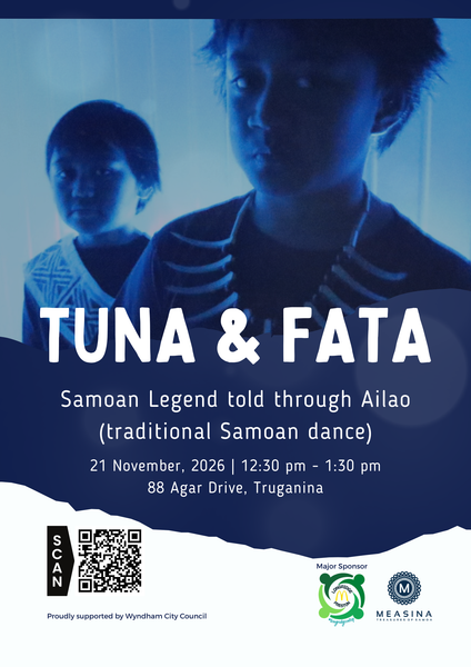 Promotional poster for 'Tuna & Fata' traditional Samoan dance performance, featuring a blue-toned photograph of two people, with event details and sponsor logos at the bottom.