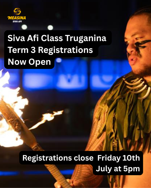 Person in traditional attire holding a flaming torch with promotional text for Siva Afi Class Truganina registrations.