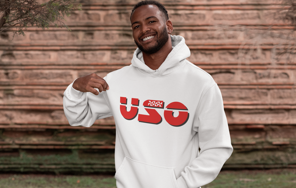Man wearing White hoodie with the word USO written in red